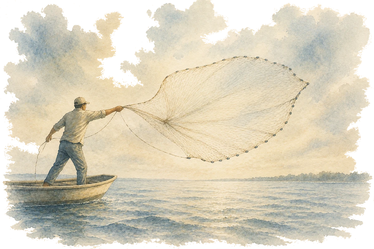 Watercolor illustration of a fisherman casting a wide net, representing a search that surfaces a bigger question