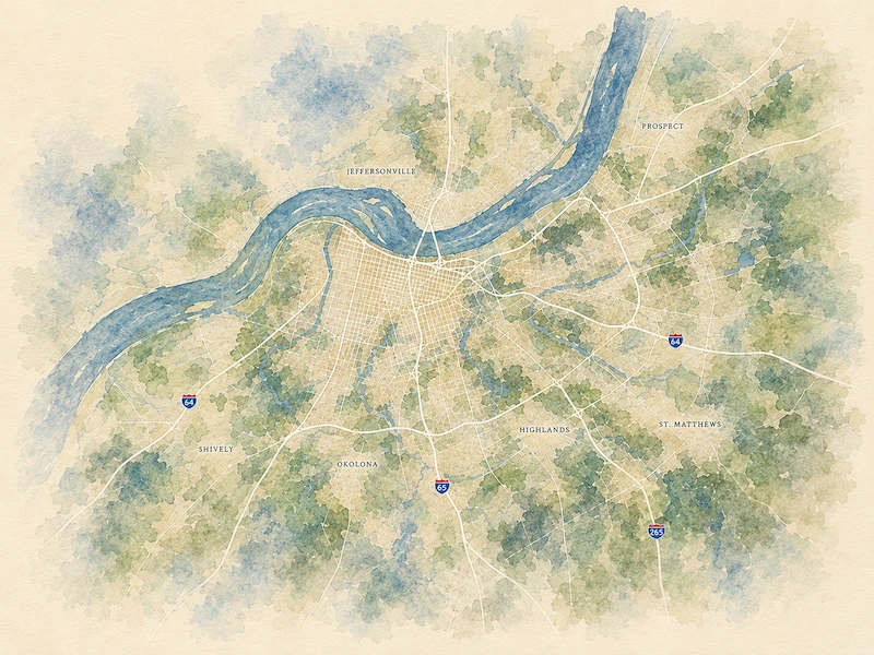 Watercolor map of Louisville, Kentucky